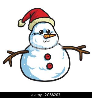 Cute Snowman Wearing Santa Hat. Vector Cartoon Illustration Stock Vector