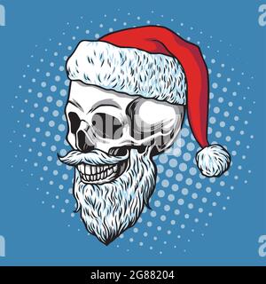 Santa Claus Skull Bearded. Cartoon Vector Hand Drawn Illustration Stock Vector