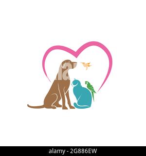 Vector of parrot, cat, dog and hummingbird with pink heart shape on white background. Veterinary icon with pet. Pet Care. Banners Animal. Easy editabl Stock Vector