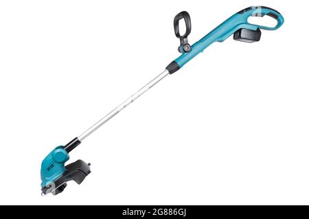 Cordless lawn mower isolated. New cordless hedge trimmer isolated on white background. Battery lawn mower Stock Photo