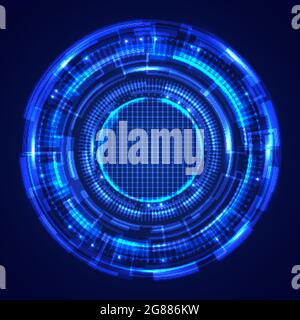 Abstract blue circles HUD screen system technology futuristic innovation with lighting effect on dark background. Vector illustration Stock Vector