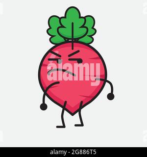 Vector Illustration of Red Radish Character with cute face and simple body line drawing on isolated background Stock Vector