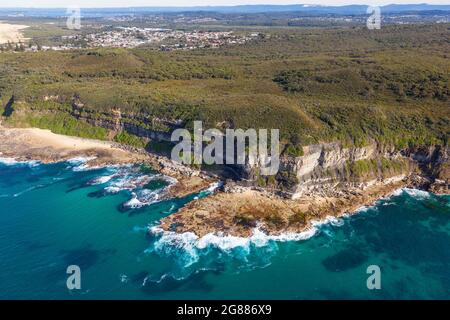 Aerial view of coastline and Awabakal nature reserve located between Redhead and Dudley in Newcastle NSW Australia Stock Photo