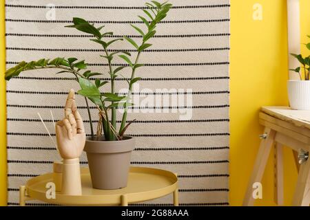 Wooden hand, reed diffuser and houseplant on table Stock Photo