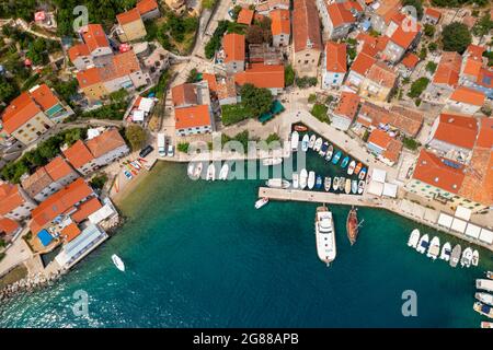 Aerial view of Valun, a town in Cres Island, the Adriatic Sea in Croatia Stock Photo