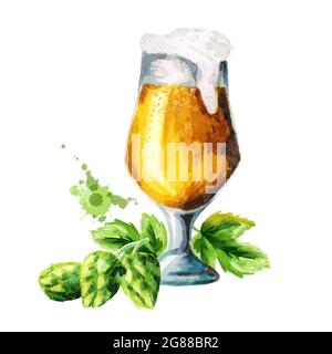 Glass of beer and hops. Watercolor Stock Photo