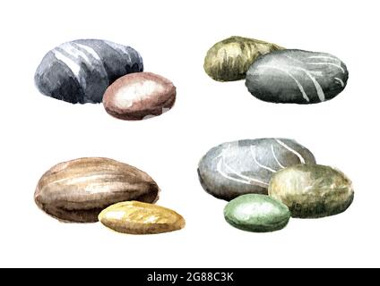 Colorful sea pebbles stones set. Hand drawn watercolor illustration isolated on white background Stock Photo