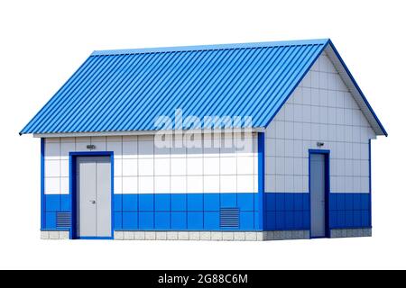 This is a kind of new modern production room made of metal tiles and siding. Modular house isolated on a white background. Construction site. Mockup Stock Photo