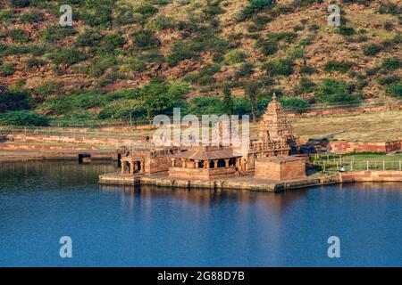 Badami, Karnataka, India - January 10, 2020 : A group of Bhuthanatha Temples on the Eastern end of the Agastya Tirtha lake at Badami, Karnataka, India Stock Photo