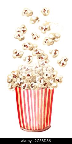 Popcorn Falling into the red and white striped cardboard bucket. Hand drawn watercolor illustration isolated on white background Stock Photo