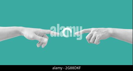 Digital collage modern art. Hand reaching out, pointing finger together Stock Photo