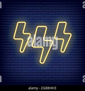 Lightning thunderstorm icon glow neon style, concept weather condition outline flat vector illustration, isolated on black. Brick background, web clim Stock Vector
