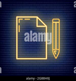 Wooden ruler pencil document icon glow neon style, educational institution process, back to school outline flat vector illustration, isolated on black Stock Vector