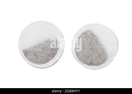 Group of round tea bags isolated on white background. Top view Stock Photo