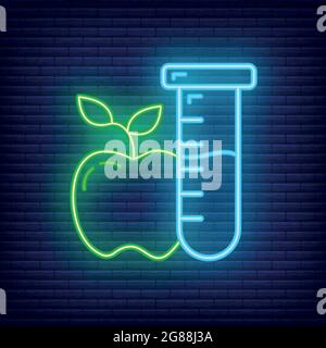 Scientific laboratory flask apple icon glow neon style, educational institution process, back to school outline flat vector illustration, isolated on Stock Vector