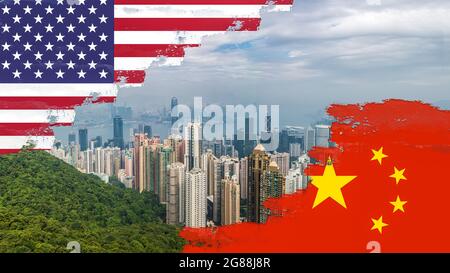Skyline of hong kong with a painted effect on top of the flags of the united states and china. Stock Photo