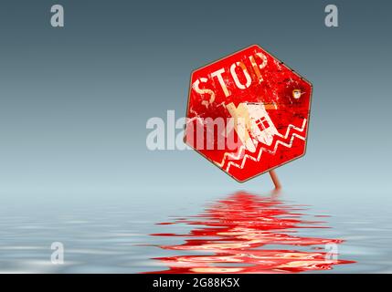 flood zone warning sign,climate change, inundation, flooding  concept, vector illustration, grungy style Stock Photo