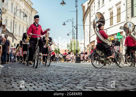 Sibiu City, Romania - 14 June 2019. Crescendo Opende Bicycle Band from Netherlands performing at the Sibiu International Theatre Festival from Sibiu, Stock Photo