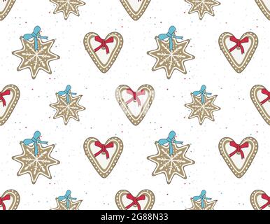 Seamless pattern Merry Christmas gingerbread cookies with white icing in the form of snowflakes and hearts Stock Vector