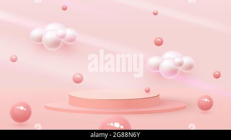3D rendering of a podium box with balls and clouds. Bouncing balls, pastel backgrounds, podium or pedestal. Vector illustration Stock Vector