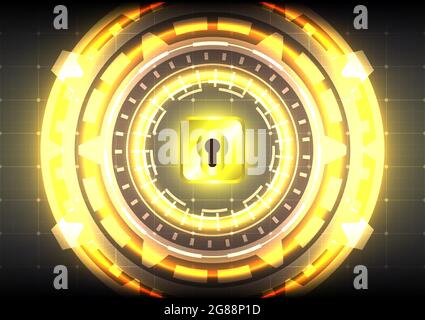 Futuristic technology gear HUD circle. Protect and security of safe mechanism innovation concept. Abstract hi-tech background. Golden circuit locked i Stock Vector