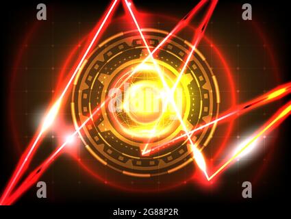 Sphere, neon light and laser. Abstract gear HUD circle background. Futuristic science fiction interface. Virtual reality technology screen. Hi-tech di Stock Vector