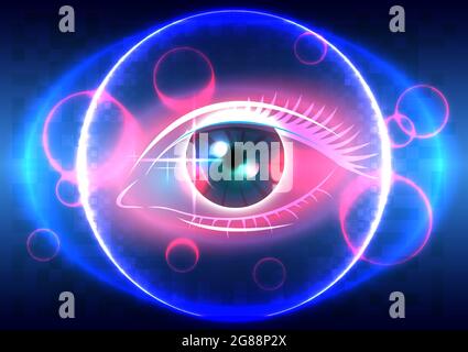Science fiction interface. Futuristic technology of glowing eye cyber security concept. Abstract high technology digital internet background. Motion m Stock Vector