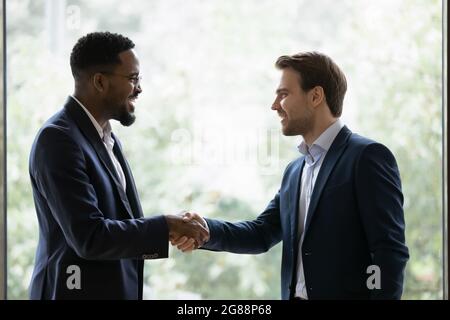 Two diverse businessmen, business partners shaking hands at window Stock Photo