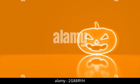 Icon Pumpkin in neon on instagram with space for text. Halloween concept. Stock Photo