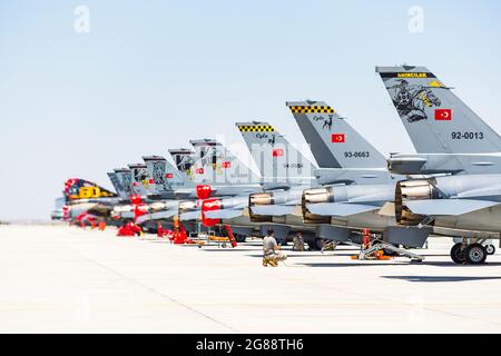 Konya, Turkey- 07 01 2021: Fighter planes are preparing to fly in the par area during the international exercise in Turkey called Anatolian eagle trai Stock Photo
