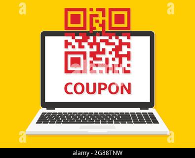 Coupon QR code on laptop screen Stock Vector