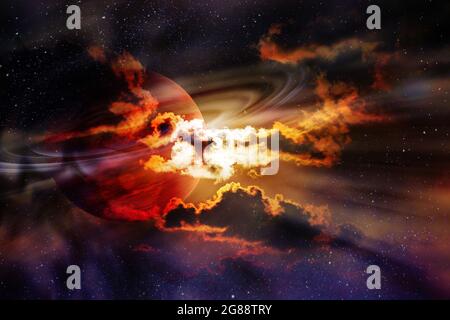 Saturn planet in clouds surrounded by stars. Elements of this image furnished by NASA. Stock Photo