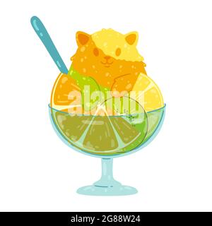 Cute fruity ice cream cat with orange, kiwi, lemon. Citrus shave ice. Sweet food concept. Vector illustration isolated on white background. Stock Vector