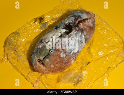 Green moldy bread on plastic wrap. Food waste concept. Minimalist style. Stock Photo