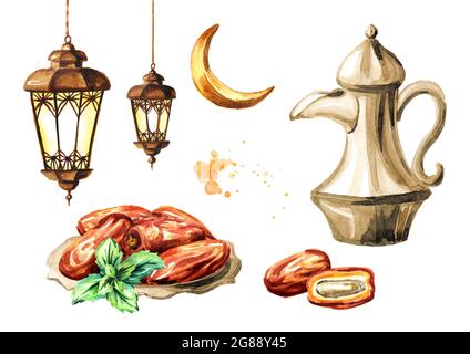 Ramadan Kareem Iftar party celebration set. Traditional teapot with Dried Date fruits in the bowl and lantern. Watercolor hand drawn illustration isol Stock Photo