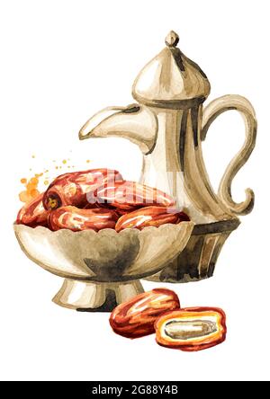 Ramadan Kareem Iftar party celebration. Traditional teapot with Dried Date fruits in the bowl. Watercolor hand drawn illustration isolated on white ba Stock Photo