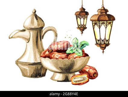 Ramadan Kareem Iftar party celebration. Traditional teapot with Dried Date fruits in the bowl and lantern. Watercolor hand drawn illustration, isolate Stock Photo