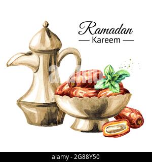 Ramadan Kareem Iftar party celebration. Traditional teapot with Dried Date fruits in the bowl. Watercolor hand drawn illustration, isolated on white b Stock Photo