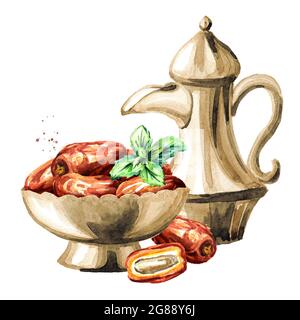 Ramadan Kareem. Traditional teapot with Dried Date fruits in the bowl. Watercolor hand drawn illustration, isolated on white background Stock Photo