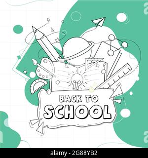 Back to school poster. In this poster, different study materials are in the outline format. The white and green color background is decorated. Stock Vector