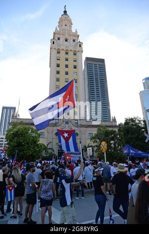 MIAMI, FL - JULY 17: Cuban Americans show support for protestors in Cuba during the Rally For Democracy at the Freedom Tower on July 17, 2021 in Miami Florida. Credit: mpi04/MediaPunch Stock Photo