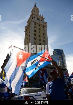 MIAMI, FL - JULY 17: Cuban Americans show support for protestors in Cuba during the Rally For Democracy at the Freedom Tower on July 17, 2021 in Miami Florida. Credit: mpi04/MediaPunch Stock Photo