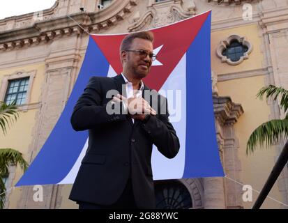 MIAMI, FL - JULY 17: Willy Chirino speaks as Cuban Americans show support for protestors in Cuba during the Rally For Democracy at the Freedom Tower on July 17, 2021 in Miami Florida. Credit: mpi04/MediaPunch Stock Photo