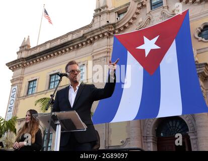 MIAMI, FL - JULY 17: Willy Chirino speaks as Cuban Americans show support for protestors in Cuba during the Rally For Democracy at the Freedom Tower on July 17, 2021 in Miami Florida. Credit: mpi04/MediaPunch Stock Photo