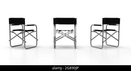 Directors Chairs 3d render of three aluminum constructed folding directors chairs with black seat material and black back rests. Back View Stock Photo