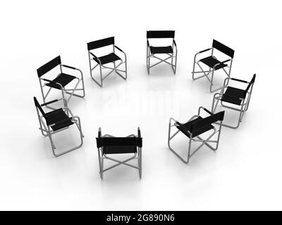 3d render directors chairs folding chairs in circular or round configuration aluminum chairs with black backrest and seat cover with a perspective. Stock Photo