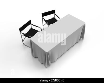 3d render of two aluminum folding directors chairs and a trestle table with a white table cloth mockup from a top perspective view isolated on a white Stock Photo