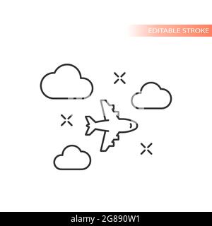 Airplane flying in the sky with clouds icon. Editable stroke outline vector. Stock Vector