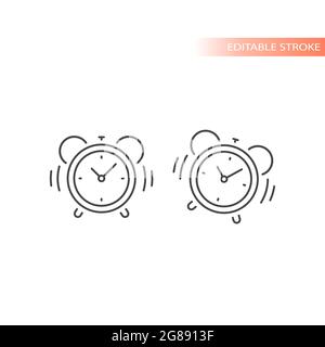 Alarm clock retro style with bell ringing icon. Editable stroke outline vector. Stock Vector