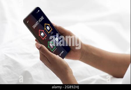Domestic comfort, modern gadgets for remote control of automation system with online application Stock Photo